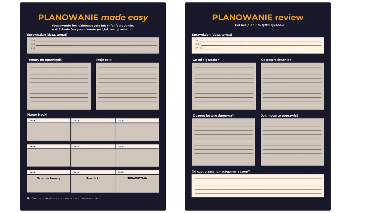 Cheat-Sheet „Planowanie made easy” + Review — podgląd obu stron